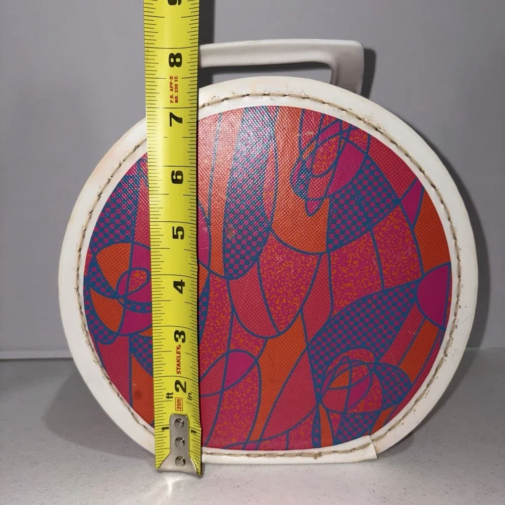 Vintage 1970's Mod Psychedelic Round Doll Case Hat Box Child's Suitcase Pink